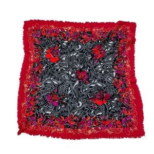 Vintage YSL Wool Scarf Floral Paisley Red Black Gold 32”